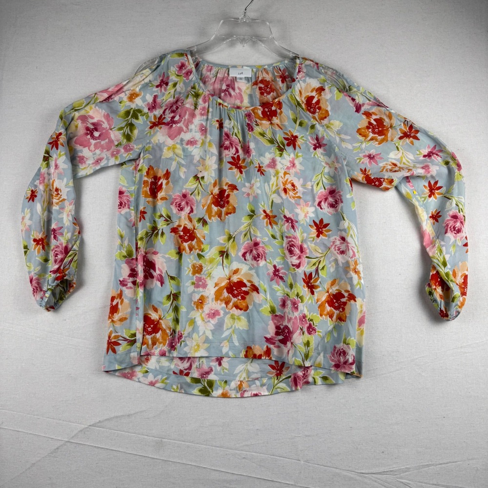 J. Jill Floral Cold Shoulder Blouse Blue Pink Rayon XS Petite